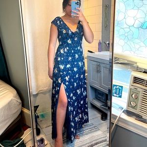 Floral navy maxi dress with ruffle neckline